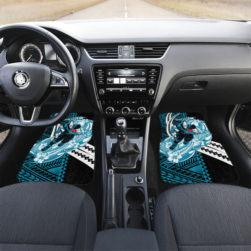 Personalized Port Adelaide Power Car Mats Polynesian Tribal Lightning Bolt Mascot With Hibiscus Floral Art