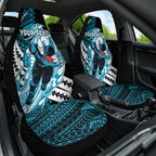 Personalized Port Adelaide Power Car Seat Cover Polynesian Tribal Lightning Bolt Mascot With Hibiscus Floral Art