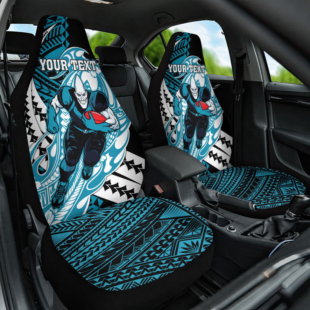 Personalized Port Adelaide Power Car Seat Cover Polynesian Tribal Lightning Bolt Mascot With Hibiscus Floral Art