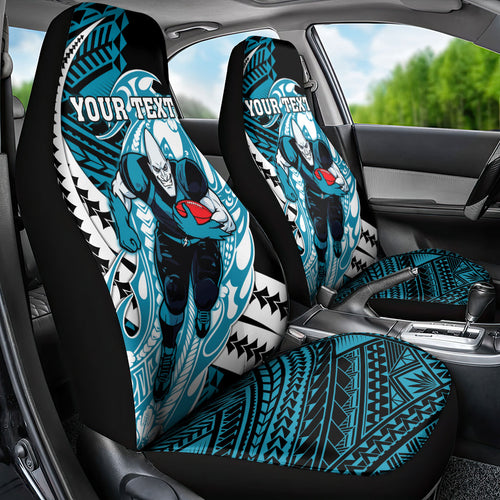 Personalized Port Adelaide Power Car Seat Cover Polynesian Tribal Lightning Bolt Mascot With Hibiscus Floral Art