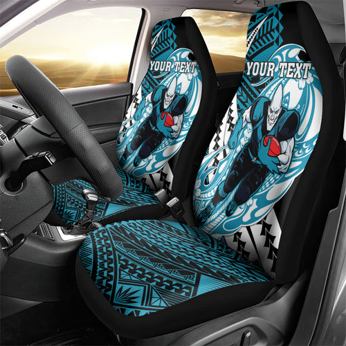 Personalized Port Adelaide Power Car Seat Cover Polynesian Tribal Lightning Bolt Mascot With Hibiscus Floral Art