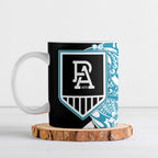 Personalized Port Adelaide Power Ceramic Mug Polynesian Tribal Lightning Bolt Mascot With Hibiscus Floral Art