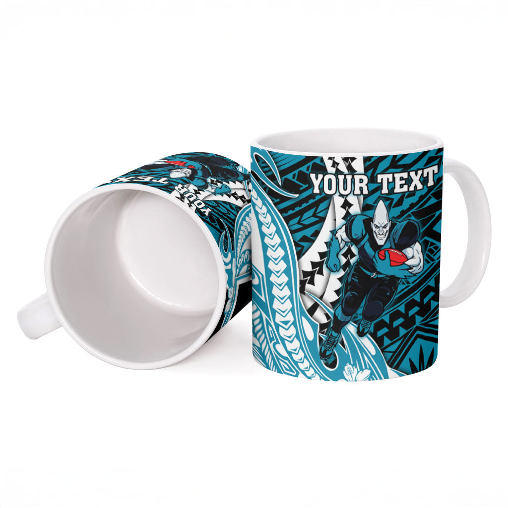 Personalized Port Adelaide Power Ceramic Mug Polynesian Tribal Lightning Bolt Mascot With Hibiscus Floral Art