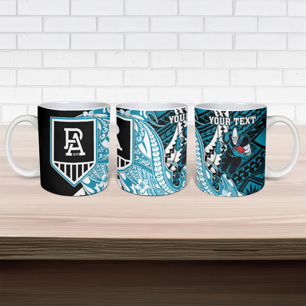 Personalized Port Adelaide Power Ceramic Mug Polynesian Tribal Lightning Bolt Mascot With Hibiscus Floral Art