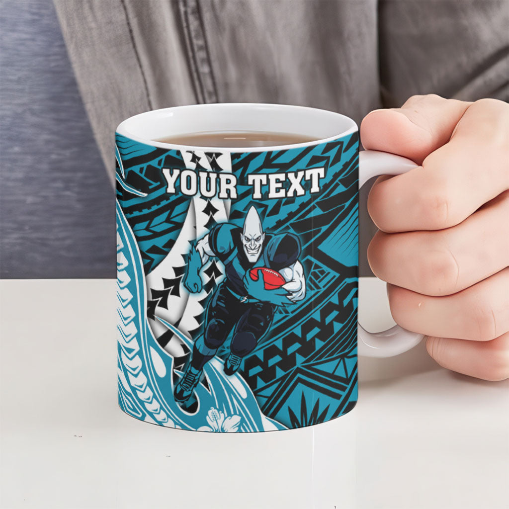 Personalized Port Adelaide Power Ceramic Mug Polynesian Tribal Lightning Bolt Mascot With Hibiscus Floral Art