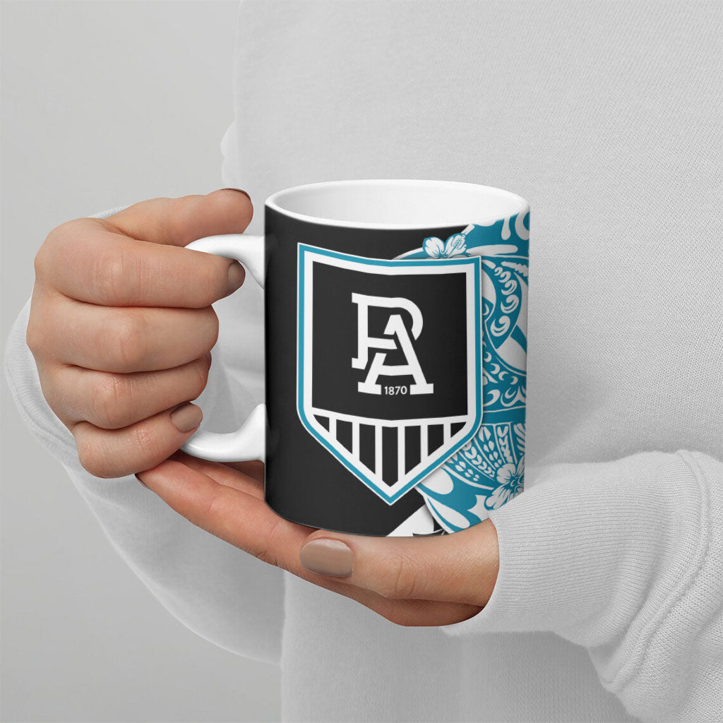 Personalized Port Adelaide Power Ceramic Mug Polynesian Tribal Lightning Bolt Mascot With Hibiscus Floral Art