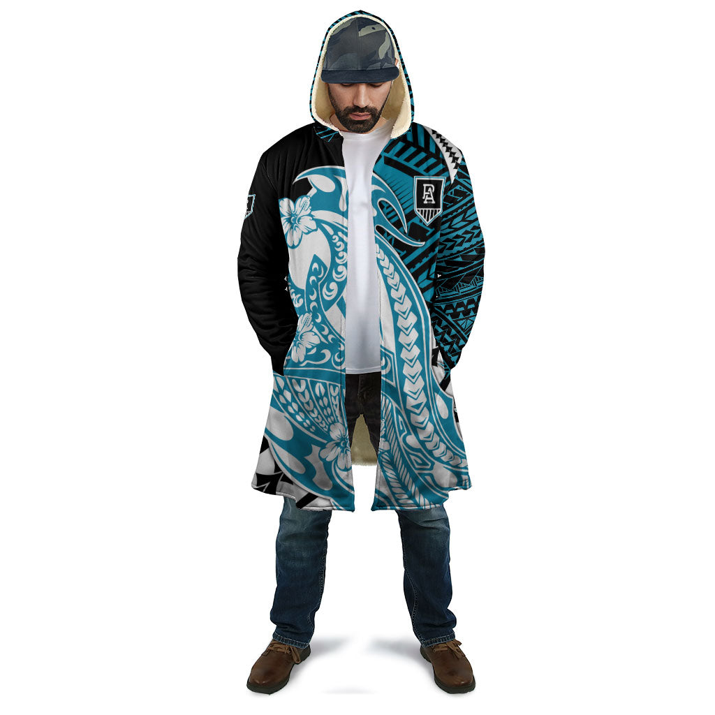 Personalized Port Adelaide Power Cloak Polynesian Tribal Lightning Bolt Mascot With Hibiscus Floral Art