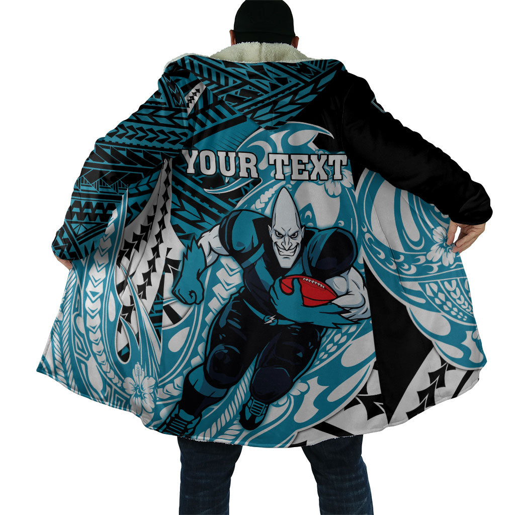 Personalized Port Adelaide Power Cloak Polynesian Tribal Lightning Bolt Mascot With Hibiscus Floral Art