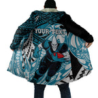 Personalized Port Adelaide Power Cloak Polynesian Tribal Lightning Bolt Mascot With Hibiscus Floral Art