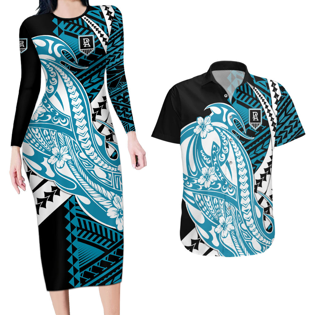 Personalized Port Adelaide Power Couples Matching Long Sleeve Bodycon Dress and Hawaiian Shirt Polynesian Tribal Lightning Bolt Mascot With Hibiscus Floral Art