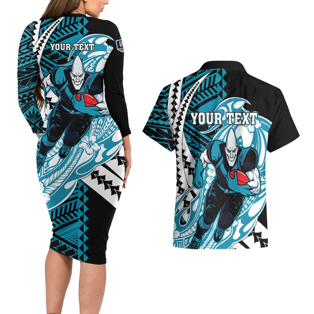 Personalized Port Adelaide Power Couples Matching Long Sleeve Bodycon Dress and Hawaiian Shirt Polynesian Tribal Lightning Bolt Mascot With Hibiscus Floral Art