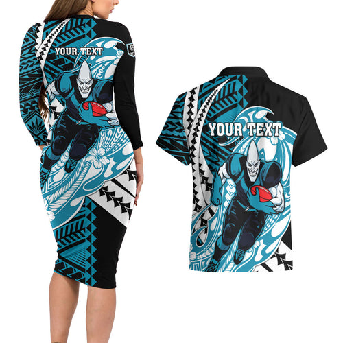 Personalized Port Adelaide Power Couples Matching Long Sleeve Bodycon Dress and Hawaiian Shirt Polynesian Tribal Lightning Bolt Mascot With Hibiscus Floral Art