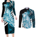 Personalized Port Adelaide Power Couples Matching Long Sleeve Bodycon Dress and Long Sleeve Button Shirt Polynesian Tribal Lightning Bolt Mascot With Hibiscus Floral Art