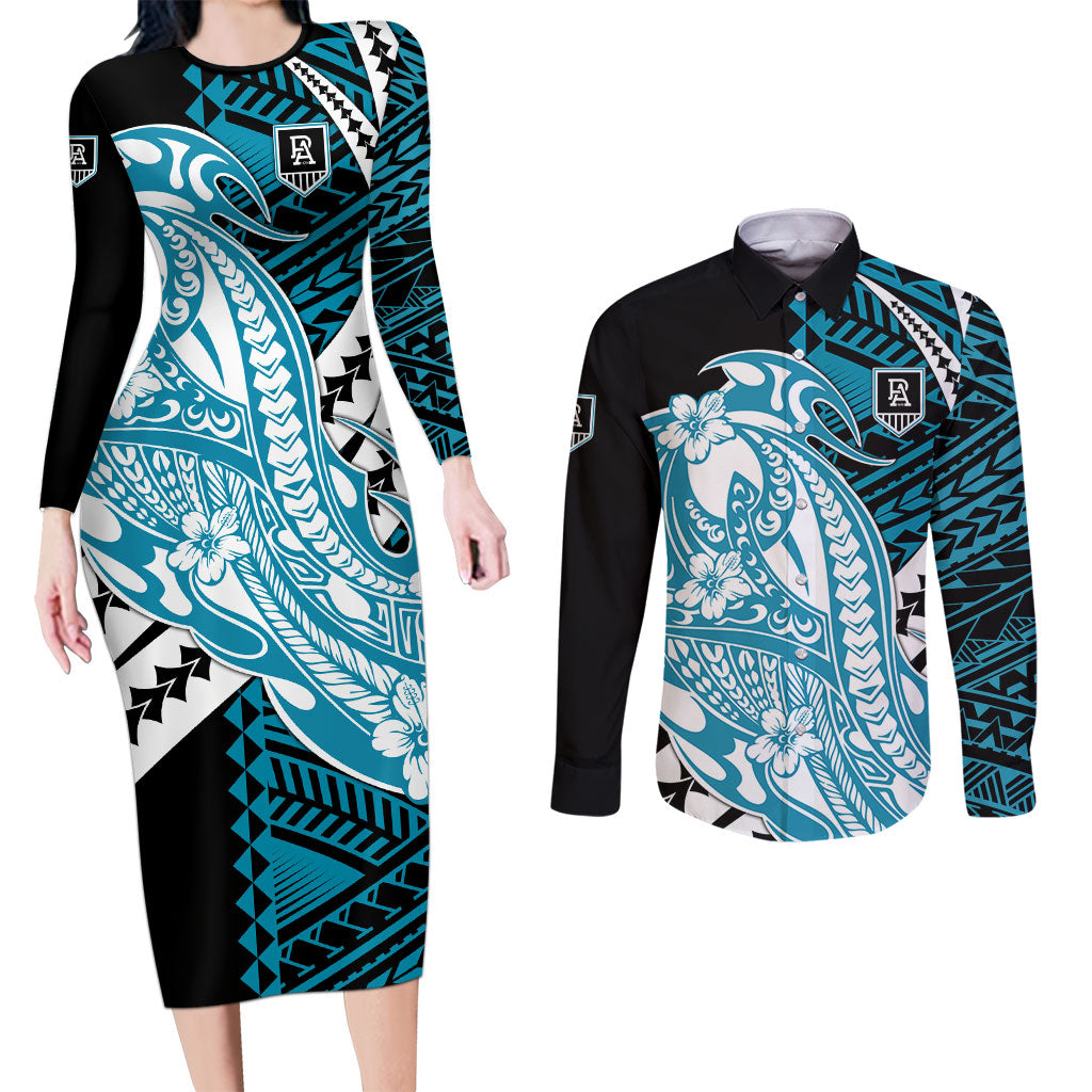 Personalized Port Adelaide Power Couples Matching Long Sleeve Bodycon Dress and Long Sleeve Button Shirt Polynesian Tribal Lightning Bolt Mascot With Hibiscus Floral Art