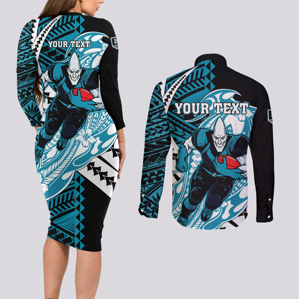 Personalized Port Adelaide Power Couples Matching Long Sleeve Bodycon Dress and Long Sleeve Button Shirt Polynesian Tribal Lightning Bolt Mascot With Hibiscus Floral Art