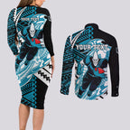 Personalized Port Adelaide Power Couples Matching Long Sleeve Bodycon Dress and Long Sleeve Button Shirt Polynesian Tribal Lightning Bolt Mascot With Hibiscus Floral Art