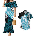Personalized Port Adelaide Power Couples Matching Mermaid Dress and Hawaiian Shirt Polynesian Tribal Lightning Bolt Mascot With Hibiscus Floral Art
