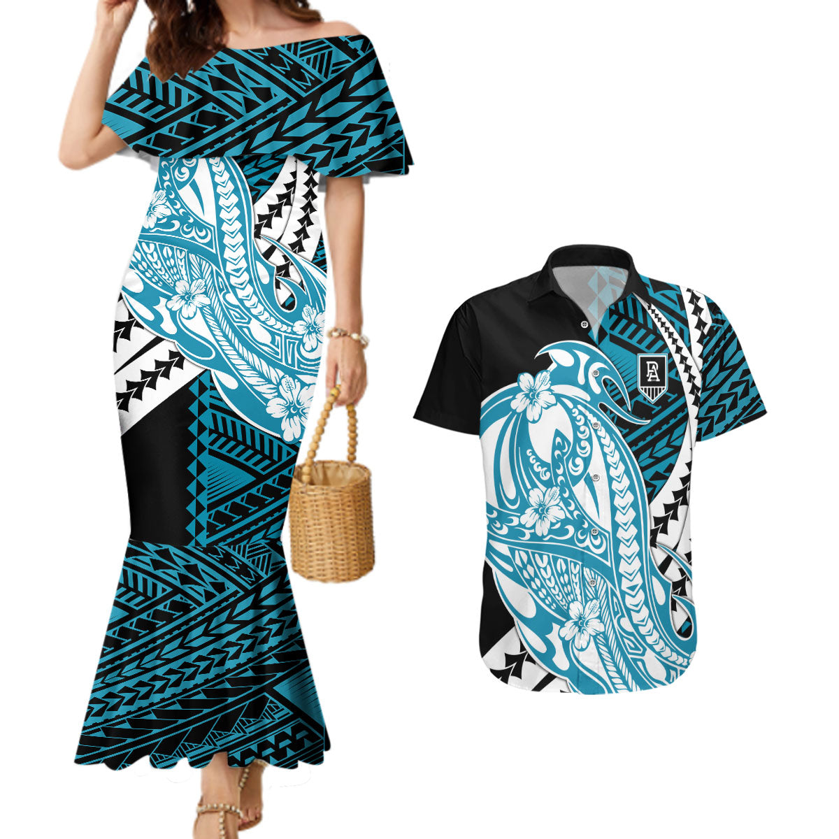Personalized Port Adelaide Power Couples Matching Mermaid Dress and Hawaiian Shirt Polynesian Tribal Lightning Bolt Mascot With Hibiscus Floral Art