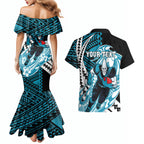 Personalized Port Adelaide Power Couples Matching Mermaid Dress and Hawaiian Shirt Polynesian Tribal Lightning Bolt Mascot With Hibiscus Floral Art