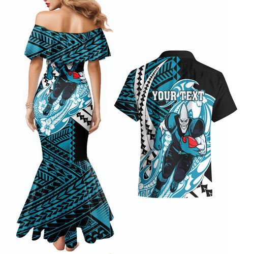 Personalized Port Adelaide Power Couples Matching Mermaid Dress and Hawaiian Shirt Polynesian Tribal Lightning Bolt Mascot With Hibiscus Floral Art