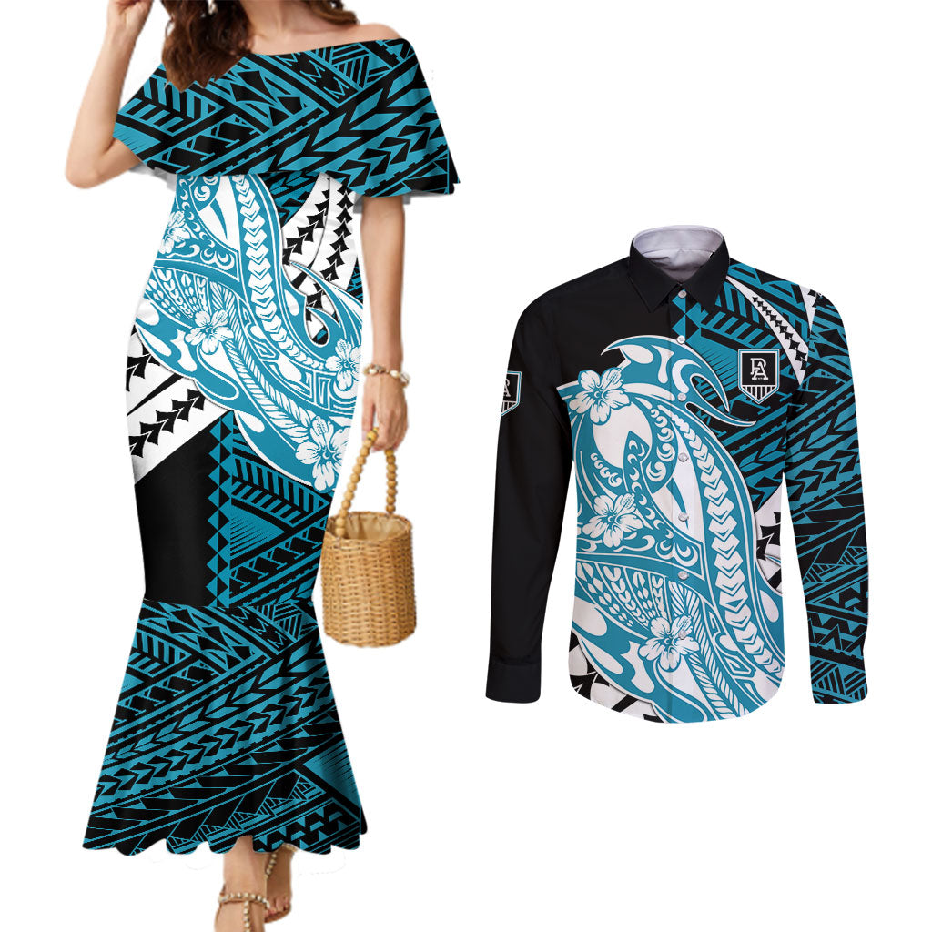 Personalized Port Adelaide Power Couples Matching Mermaid Dress and Long Sleeve Button Shirt Polynesian Tribal Lightning Bolt Mascot With Hibiscus Floral Art