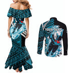 Personalized Port Adelaide Power Couples Matching Mermaid Dress and Long Sleeve Button Shirt Polynesian Tribal Lightning Bolt Mascot With Hibiscus Floral Art