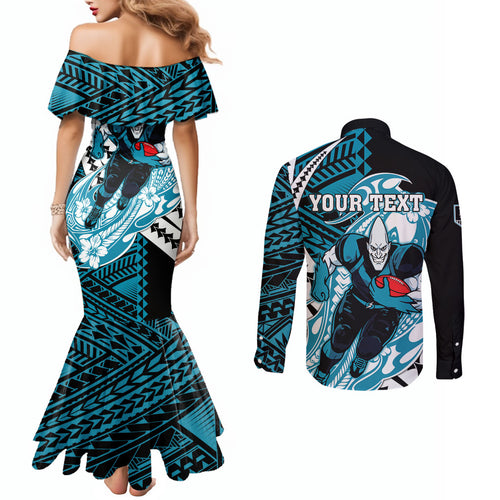 Personalized Port Adelaide Power Couples Matching Mermaid Dress and Long Sleeve Button Shirt Polynesian Tribal Lightning Bolt Mascot With Hibiscus Floral Art