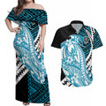 Personalized Port Adelaide Power Couples Matching Off Shoulder Maxi Dress and Hawaiian Shirt Polynesian Tribal Lightning Bolt Mascot With Hibiscus Floral Art