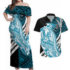 Personalized Port Adelaide Power Couples Matching Off Shoulder Maxi Dress and Hawaiian Shirt Polynesian Tribal Lightning Bolt Mascot With Hibiscus Floral Art