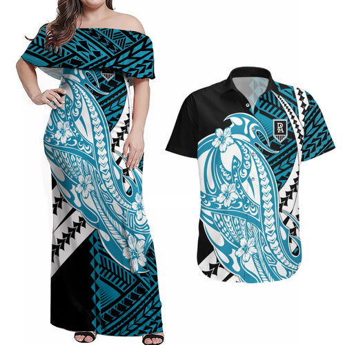 Personalized Port Adelaide Power Couples Matching Off Shoulder Maxi Dress and Hawaiian Shirt Polynesian Tribal Lightning Bolt Mascot With Hibiscus Floral Art