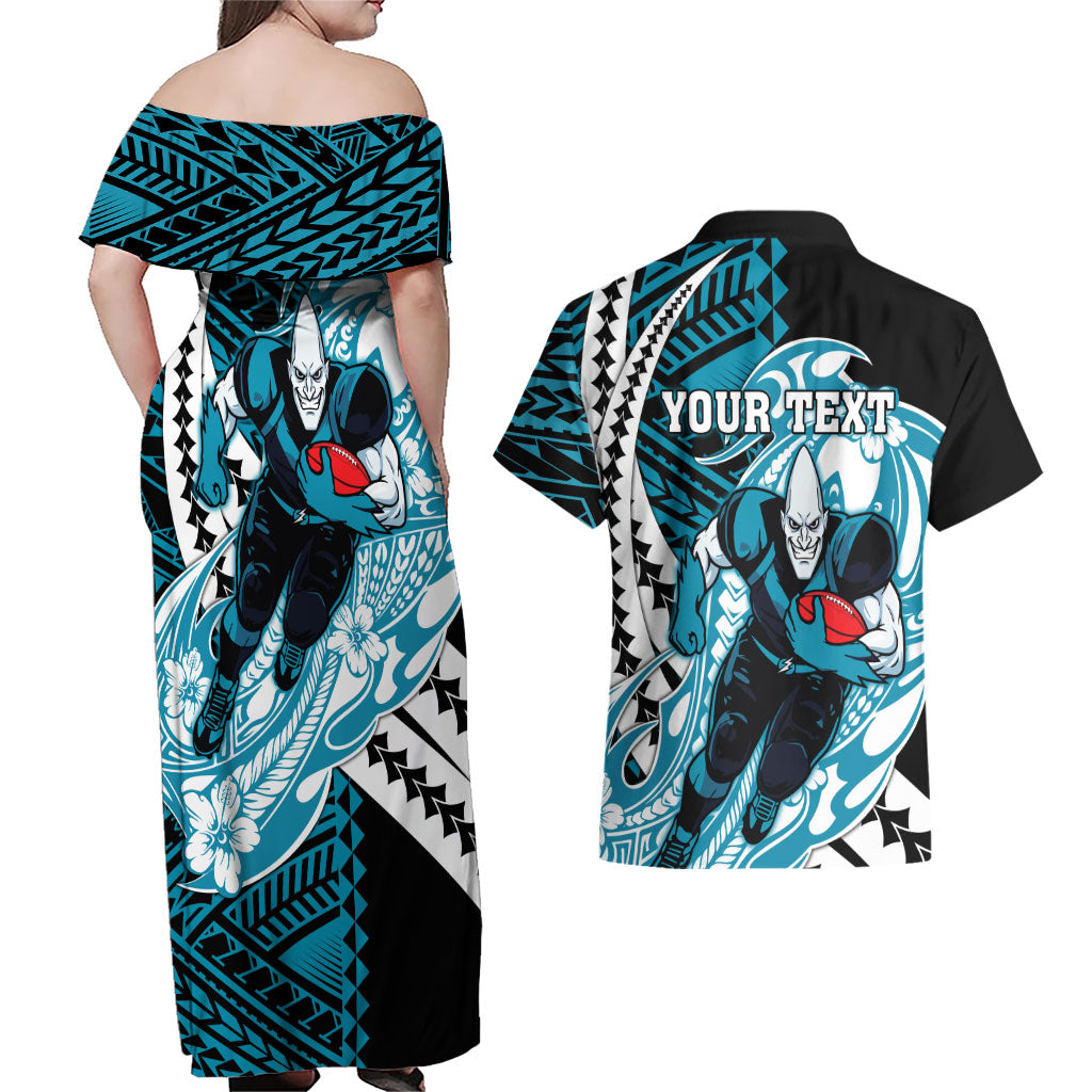 Personalized Port Adelaide Power Couples Matching Off Shoulder Maxi Dress and Hawaiian Shirt Polynesian Tribal Lightning Bolt Mascot With Hibiscus Floral Art