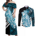 Personalized Port Adelaide Power Couples Matching Off Shoulder Maxi Dress and Long Sleeve Button Shirt Polynesian Tribal Lightning Bolt Mascot With Hibiscus Floral Art