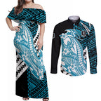 Personalized Port Adelaide Power Couples Matching Off Shoulder Maxi Dress and Long Sleeve Button Shirt Polynesian Tribal Lightning Bolt Mascot With Hibiscus Floral Art