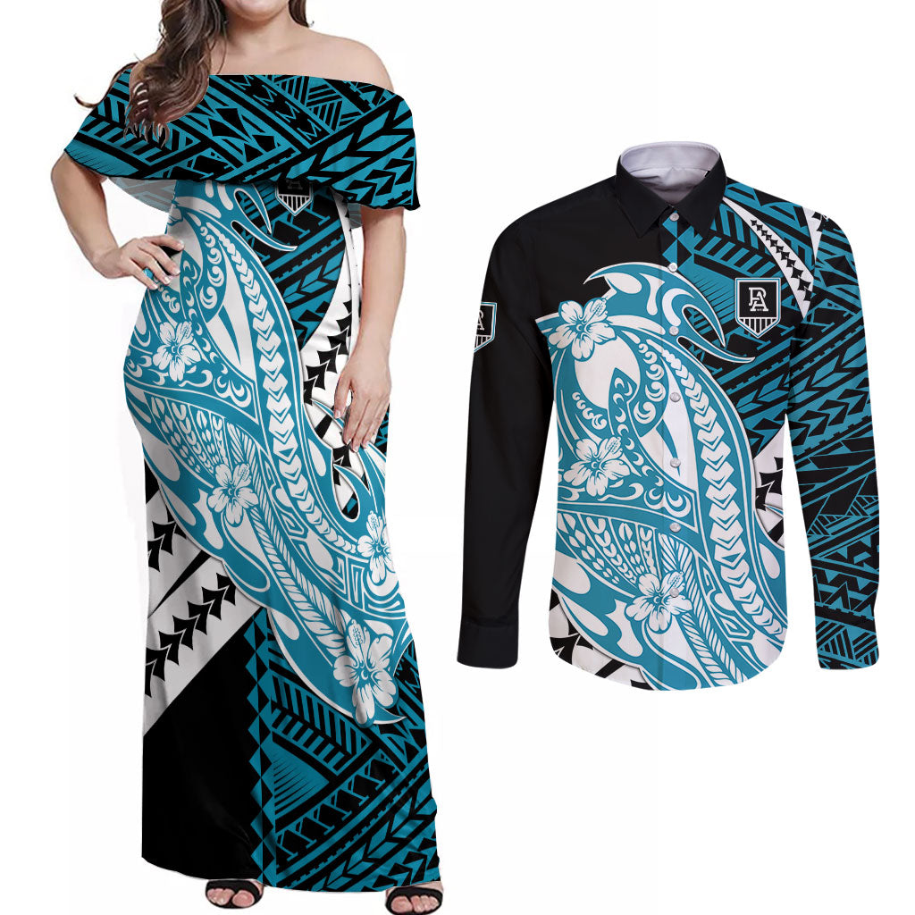 Personalized Port Adelaide Power Couples Matching Off Shoulder Maxi Dress and Long Sleeve Button Shirt Polynesian Tribal Lightning Bolt Mascot With Hibiscus Floral Art
