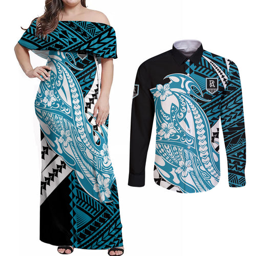 Personalized Port Adelaide Power Couples Matching Off Shoulder Maxi Dress and Long Sleeve Button Shirt Polynesian Tribal Lightning Bolt Mascot With Hibiscus Floral Art