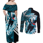 Personalized Port Adelaide Power Couples Matching Off Shoulder Maxi Dress and Long Sleeve Button Shirt Polynesian Tribal Lightning Bolt Mascot With Hibiscus Floral Art