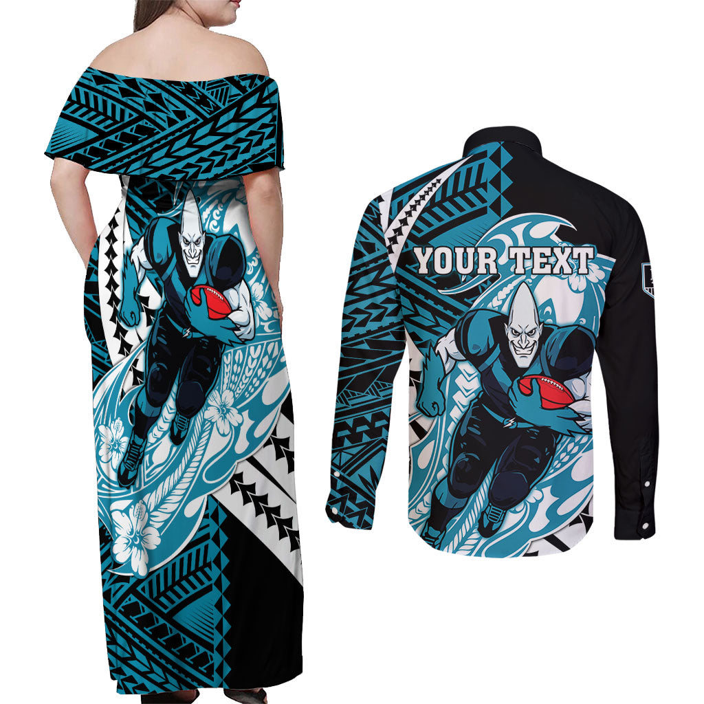 Personalized Port Adelaide Power Couples Matching Off Shoulder Maxi Dress and Long Sleeve Button Shirt Polynesian Tribal Lightning Bolt Mascot With Hibiscus Floral Art