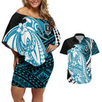 Personalized Port Adelaide Power Couples Matching Off Shoulder Short Dress and Hawaiian Shirt Polynesian Tribal Lightning Bolt Mascot With Hibiscus Floral Art
