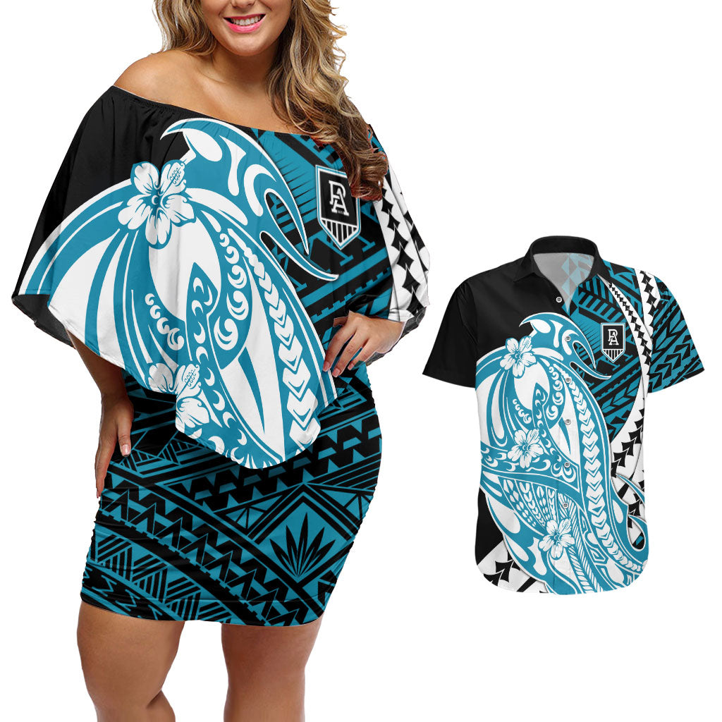 Personalized Port Adelaide Power Couples Matching Off Shoulder Short Dress and Hawaiian Shirt Polynesian Tribal Lightning Bolt Mascot With Hibiscus Floral Art