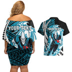 Personalized Port Adelaide Power Couples Matching Off Shoulder Short Dress and Hawaiian Shirt Polynesian Tribal Lightning Bolt Mascot With Hibiscus Floral Art