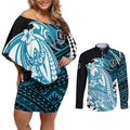 Personalized Port Adelaide Power Couples Matching Off Shoulder Short Dress and Long Sleeve Button Shirt Polynesian Tribal Lightning Bolt Mascot With Hibiscus Floral Art