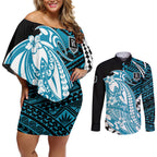 Personalized Port Adelaide Power Couples Matching Off Shoulder Short Dress and Long Sleeve Button Shirt Polynesian Tribal Lightning Bolt Mascot With Hibiscus Floral Art