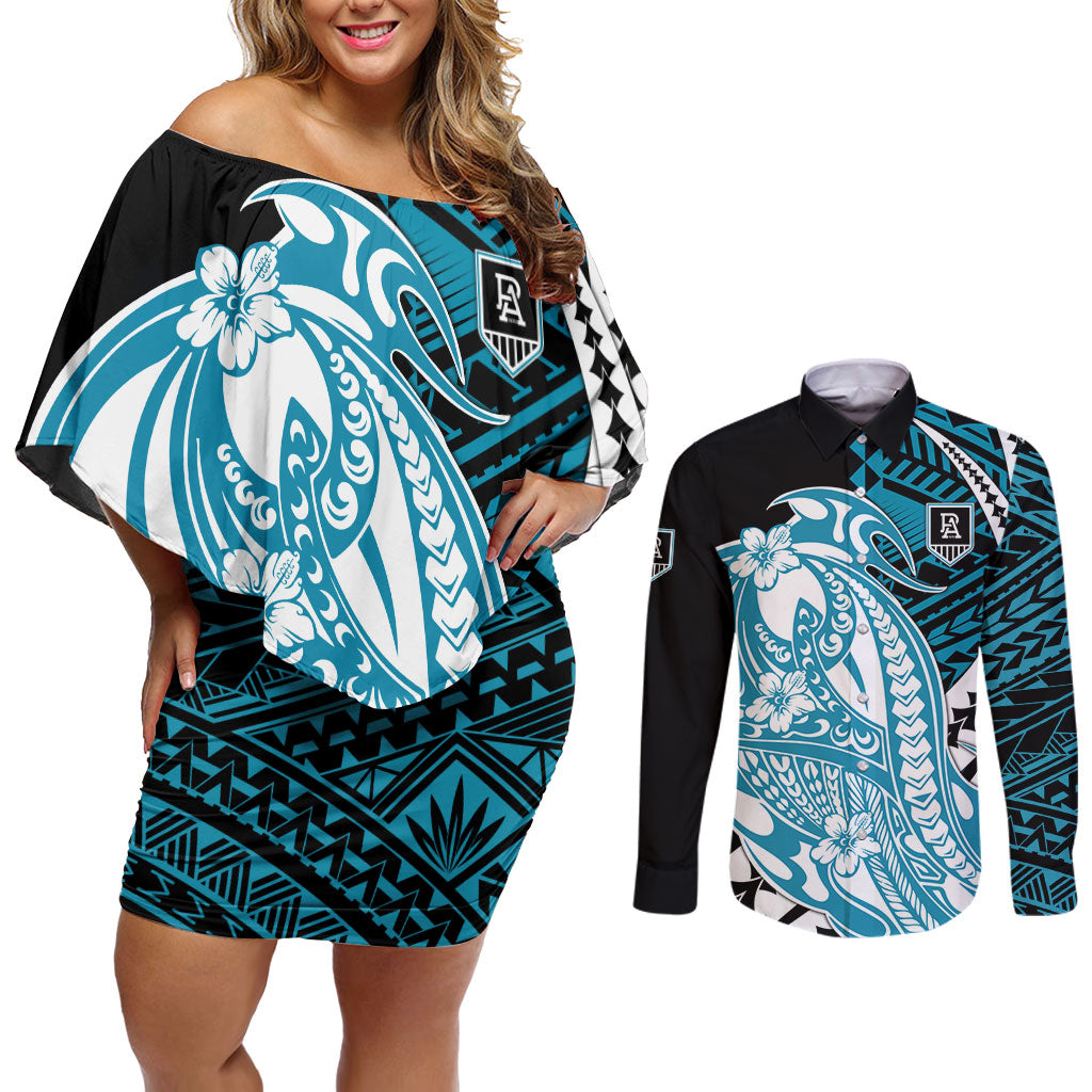Personalized Port Adelaide Power Couples Matching Off Shoulder Short Dress and Long Sleeve Button Shirt Polynesian Tribal Lightning Bolt Mascot With Hibiscus Floral Art