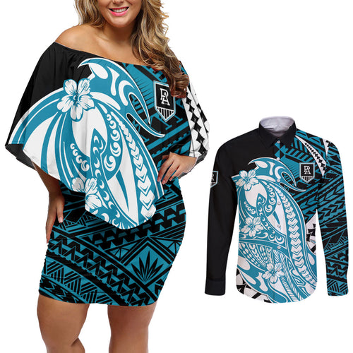 Personalized Port Adelaide Power Couples Matching Off Shoulder Short Dress and Long Sleeve Button Shirt Polynesian Tribal Lightning Bolt Mascot With Hibiscus Floral Art
