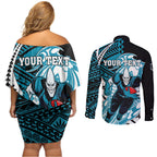 Personalized Port Adelaide Power Couples Matching Off Shoulder Short Dress and Long Sleeve Button Shirt Polynesian Tribal Lightning Bolt Mascot With Hibiscus Floral Art