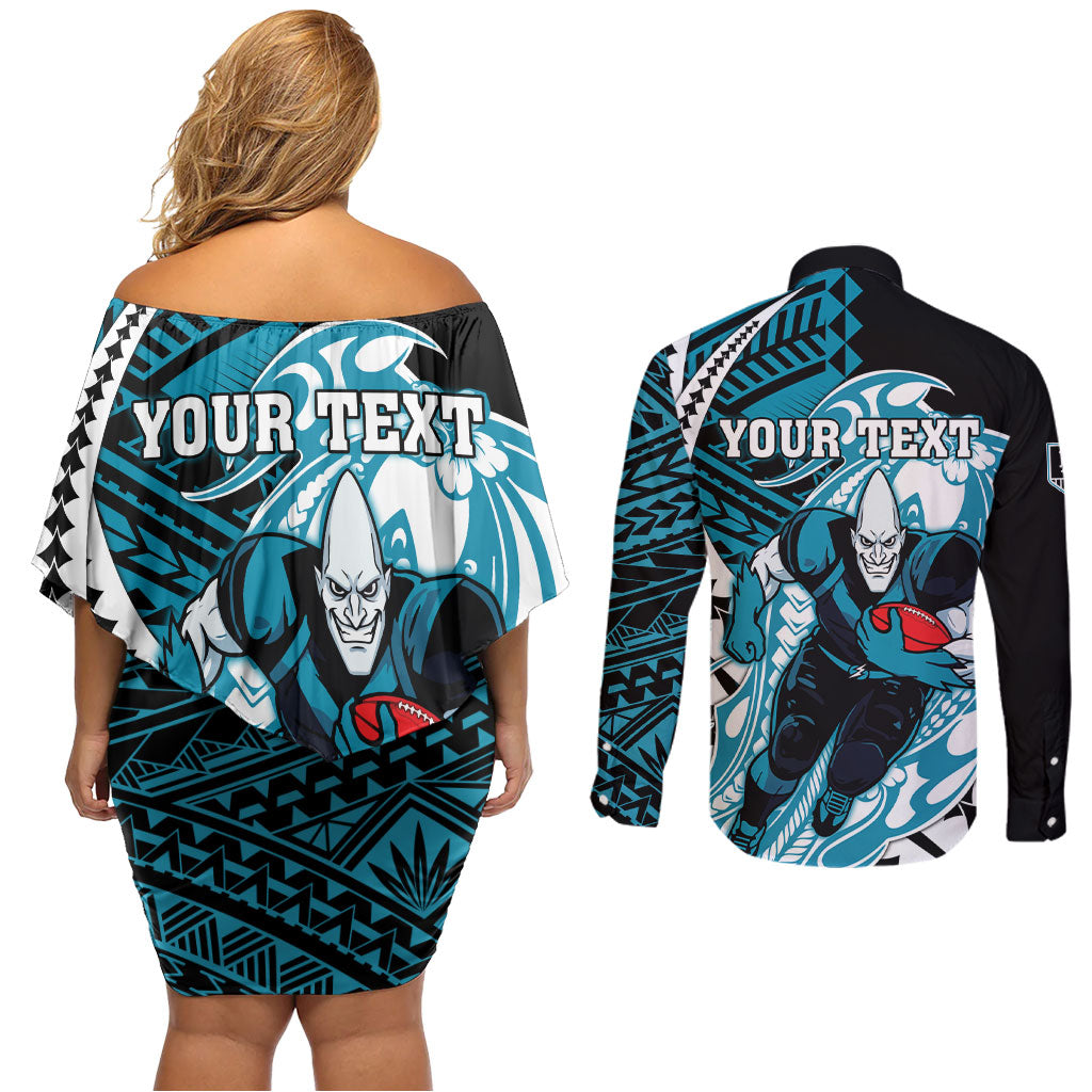 Personalized Port Adelaide Power Couples Matching Off Shoulder Short Dress and Long Sleeve Button Shirt Polynesian Tribal Lightning Bolt Mascot With Hibiscus Floral Art