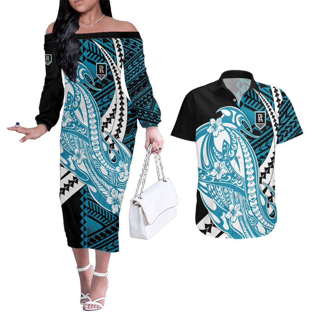 Personalized Port Adelaide Power Couples Matching Off The Shoulder Long Sleeve Dress and Hawaiian Shirt Polynesian Tribal Lightning Bolt Mascot With Hibiscus Floral Art