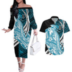 Personalized Port Adelaide Power Couples Matching Off The Shoulder Long Sleeve Dress and Hawaiian Shirt Polynesian Tribal Lightning Bolt Mascot With Hibiscus Floral Art
