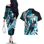 Personalized Port Adelaide Power Couples Matching Off The Shoulder Long Sleeve Dress and Hawaiian Shirt Polynesian Tribal Lightning Bolt Mascot With Hibiscus Floral Art