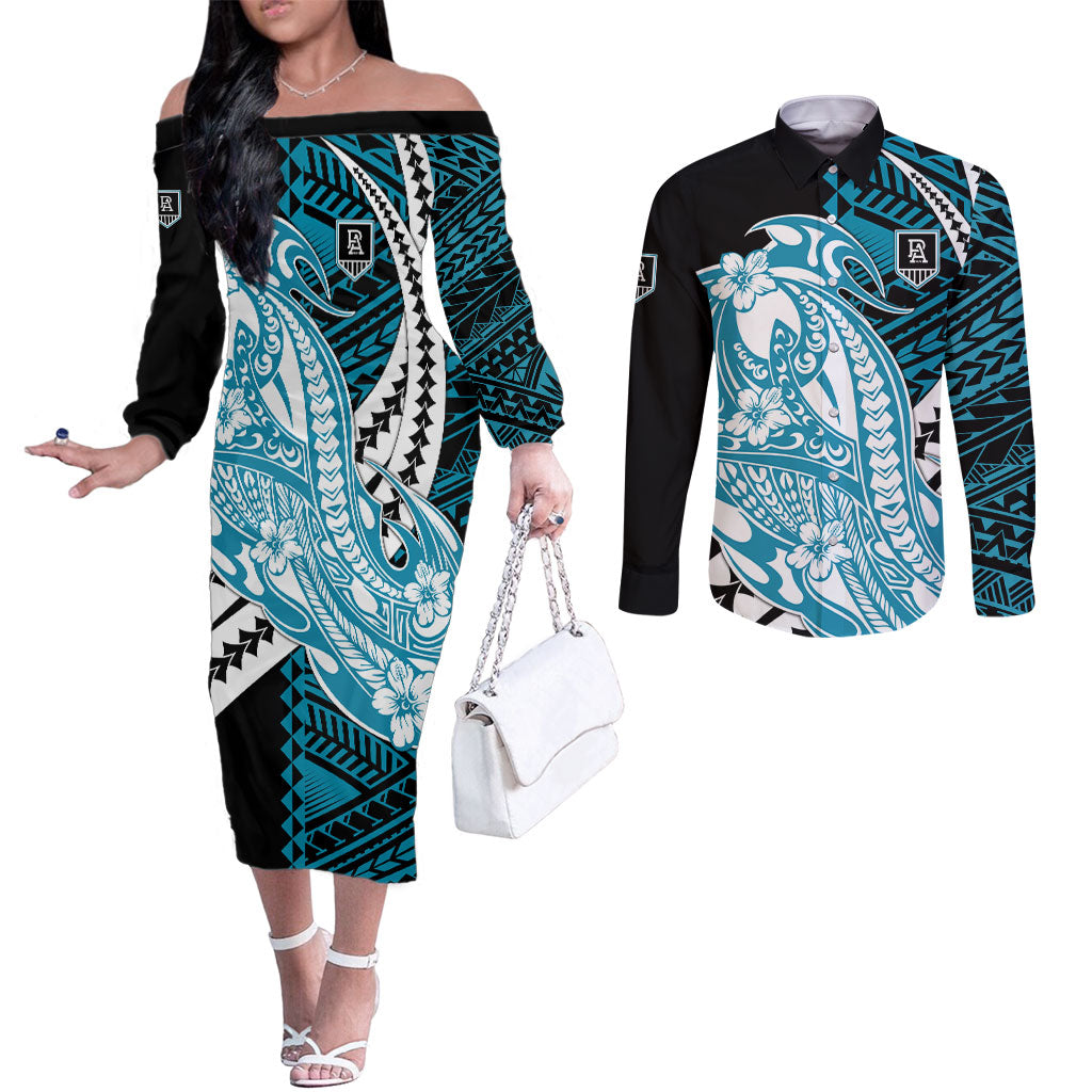 Personalized Port Adelaide Power Couples Matching Off The Shoulder Long Sleeve Dress and Long Sleeve Button Shirt Polynesian Tribal Lightning Bolt Mascot With Hibiscus Floral Art